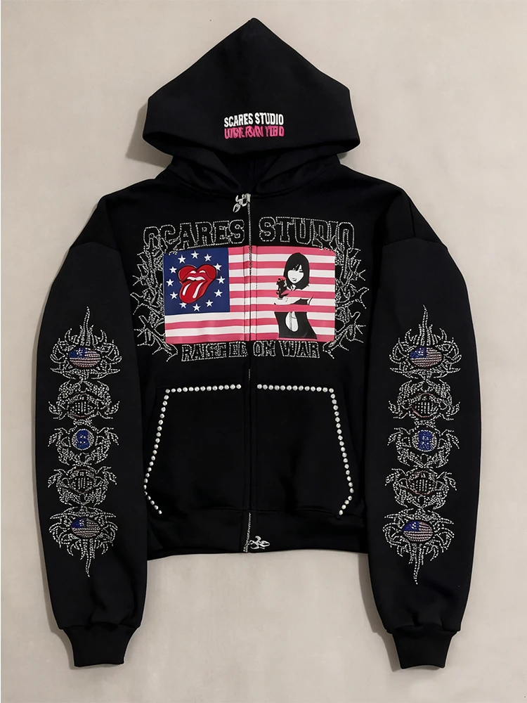 2025 Autumn/Winter New High Street Harajuku Ins Retro Trendy Personalized Printed Zipper Hoodie Fashion Unisex Y2k Clothing