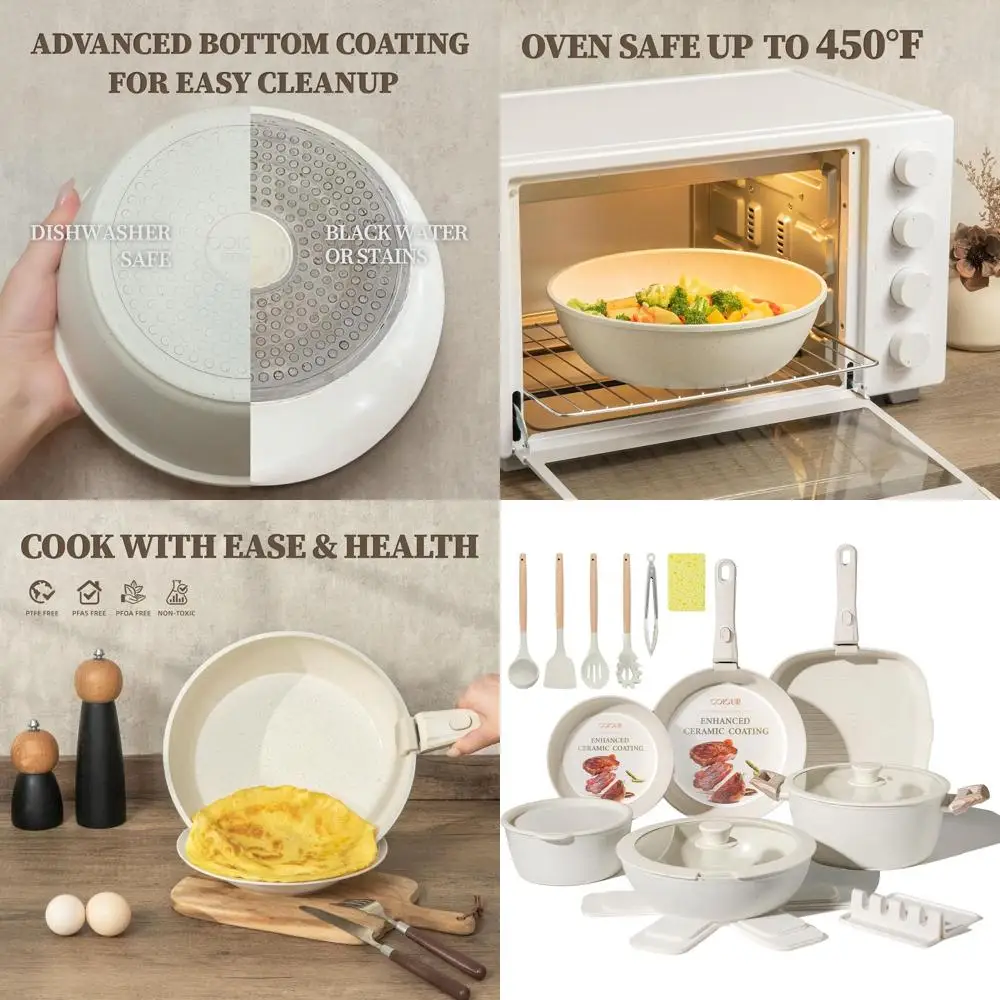 

Cream White 23-Piece Non-Stick Ceramic Cookware Set with Detachable Handles, Induction Compatible, Oven & Dishwasher Safe, Space