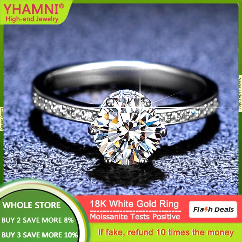 YHAMNI Luxury 1 Carat Diamond Rings Woman 18K White Gold Moissanite Ring Engagement Wedding Band with Queryable Certificate