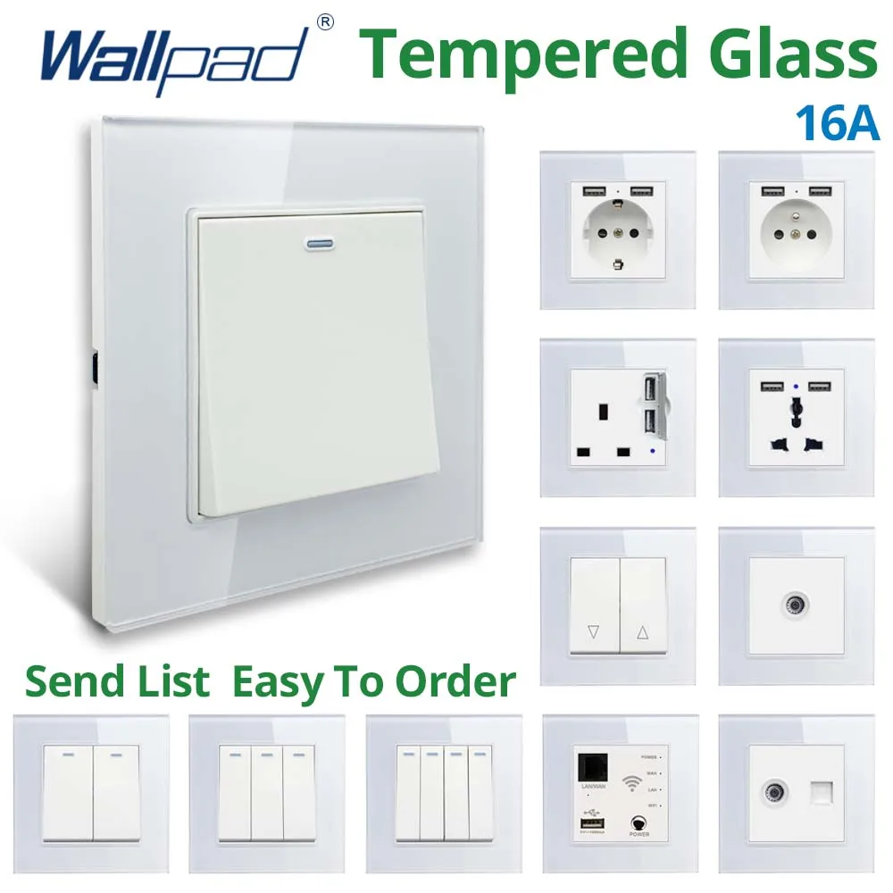 Wallpad White Tempered Glass Panel Wall 1 2 3 Way Curtain Switch USB EU UK EU Socket Outlet TV TEL RJ45 Sat 86*86mm