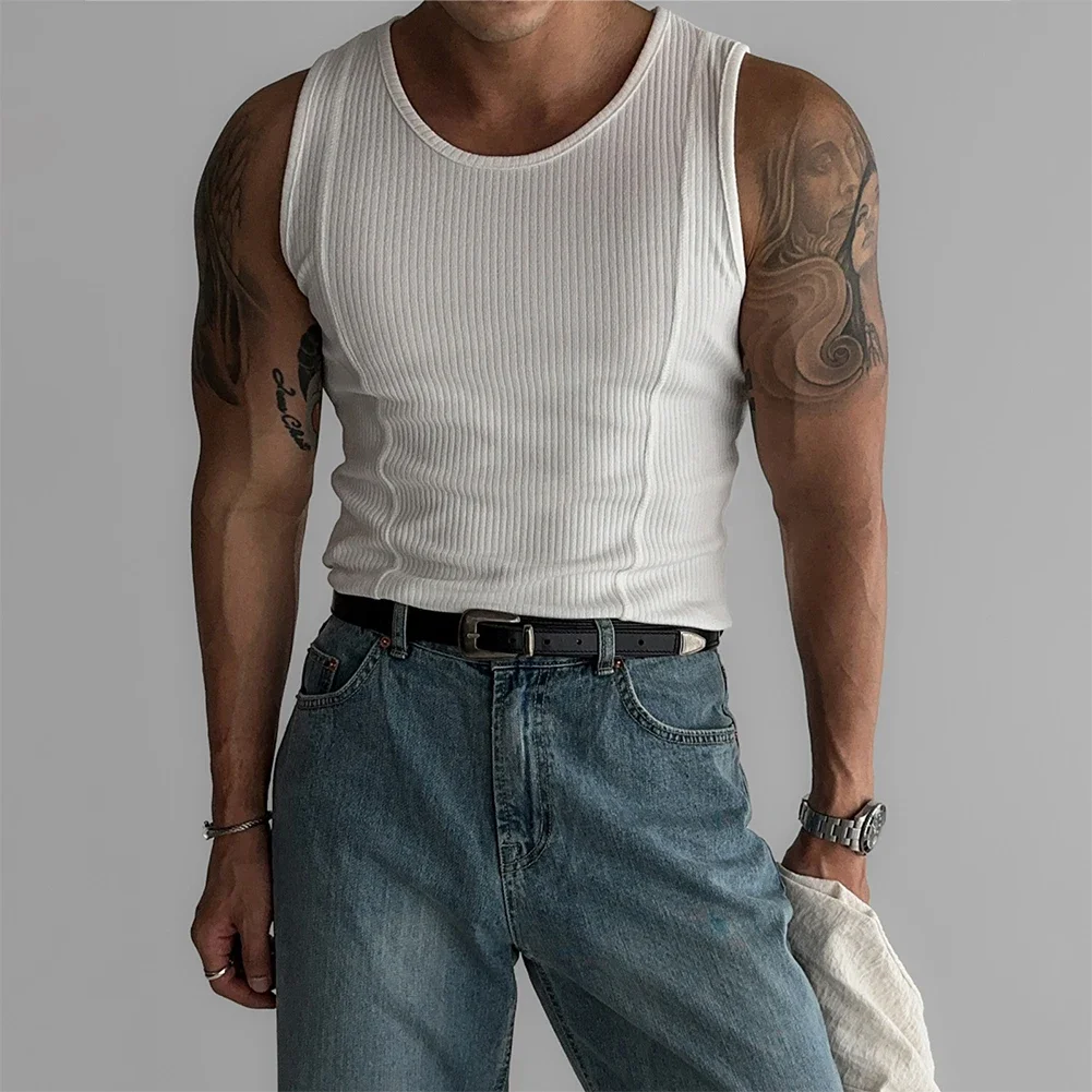 Camiseta sin mangas acanalada para hombre, ropa deportiva para Fitness, chaleco de culturismo, diseño de rayas verticales en blanco y negro