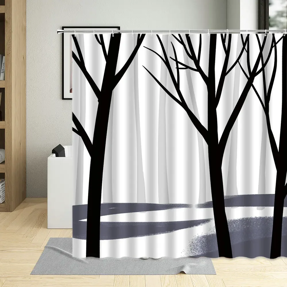 Trees Branch Trunk Silhouette Hand Drawn Illustration Shower Curtain Art Decor Waterproof Black White Bathroom Curtain With Hook