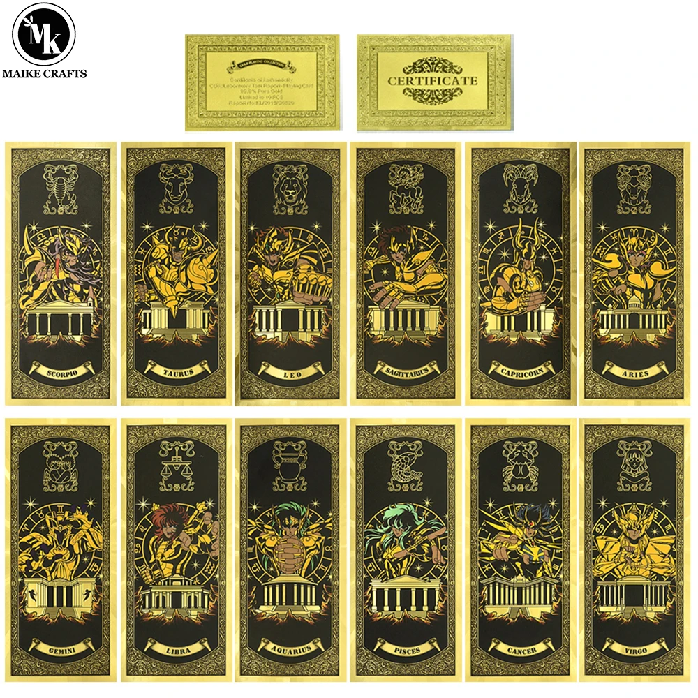 

12pcs/Lot Zodiac Gold Foil Anime Cards – 12 Constellation Saint Warrior Style Collectible Cards with Certificate Gifts