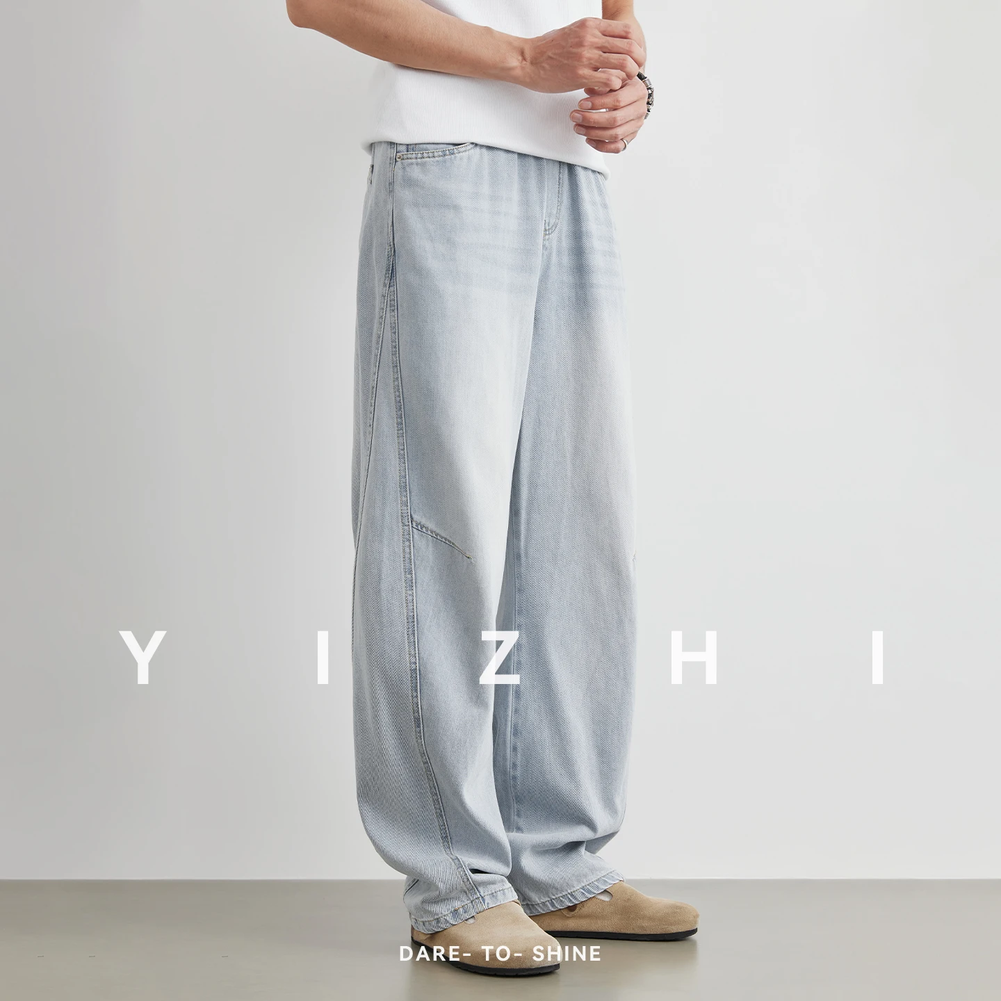 Men's Japanese Style Deconstructed Cut Small Curved Jeans 2026 Summer Light Blue Loose Drape Wide Leg Casual Pants