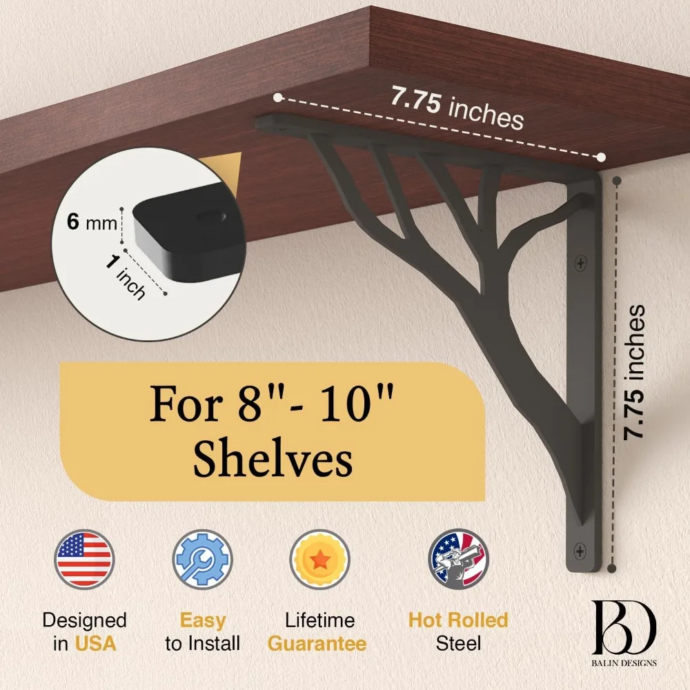 دعامات على شكل حرف L معدنية سوداء على شكل شجرة ريفية مقاس 8 بوصات شديدة التحمل للأرفف العائمة من الحديد، ودعم ديكور لديكور المنزل