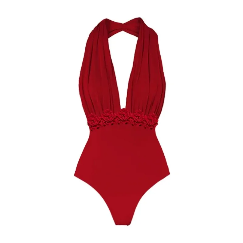 One Piece Swimsuit For Women European And American One-piece Swimsuit Deep V Neck Solid Color One-piece Swimsuit Suit Women
