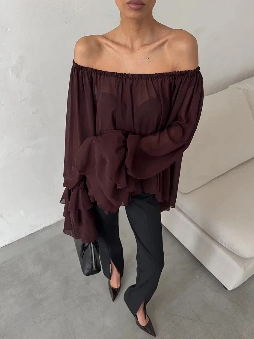 أزياء فضفاضة النبيذ الأحمر المرأة قميص مثير مائل الرقبة قمصان طويلة الأكمام أنيقة الكلاسيكية مطوي قمم الملابس النسائية #6