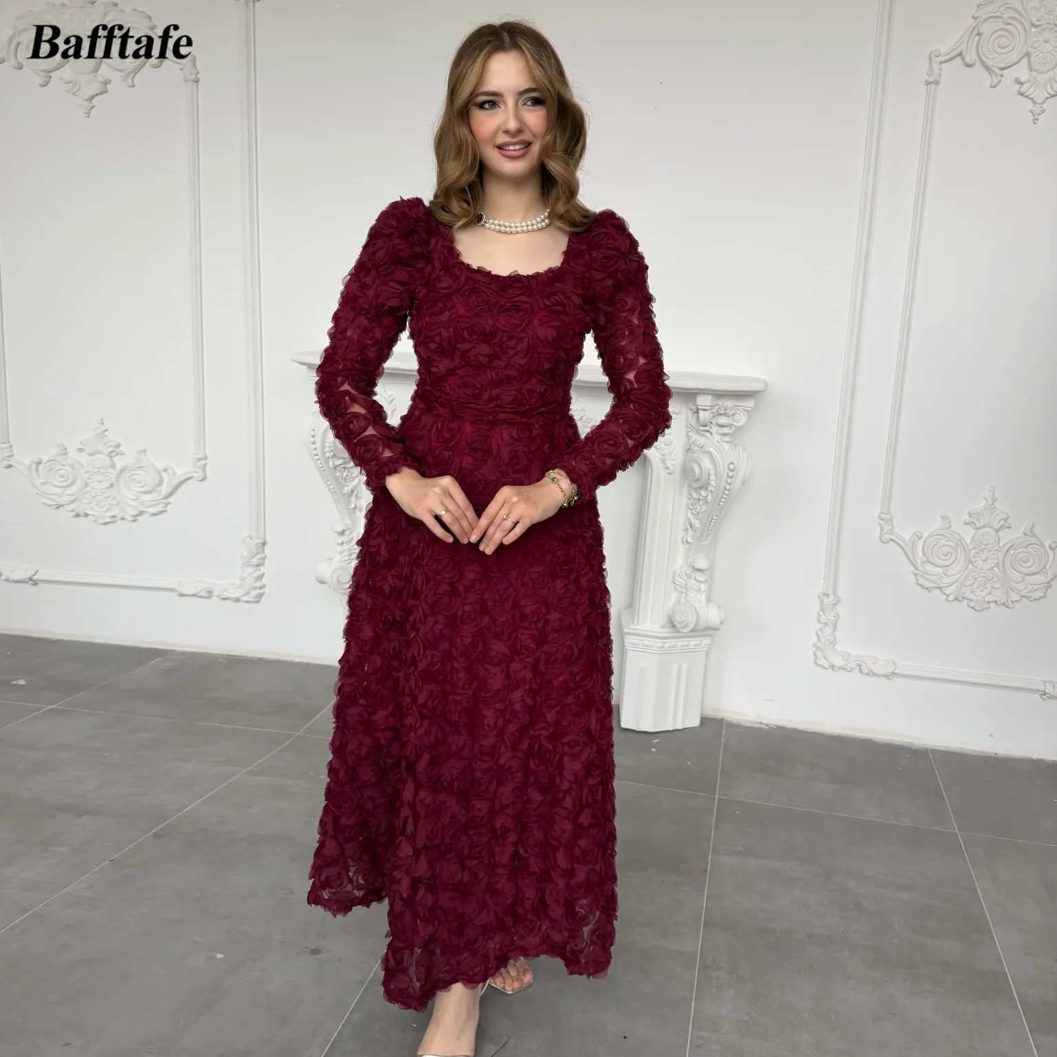 Bafftafe-vestidos de graduación de lujo con flores en 3D, personalizados, línea A, manga larga, vestido de noche para mujer, vestidos de compromiso de boda por debajo de la rodilla