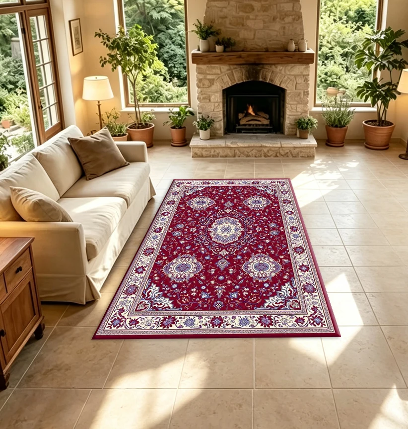 Red Background Classic Persian Medal Carpet Traditional Oriental Floral Border Carpet Suitable for Living Room Decoration