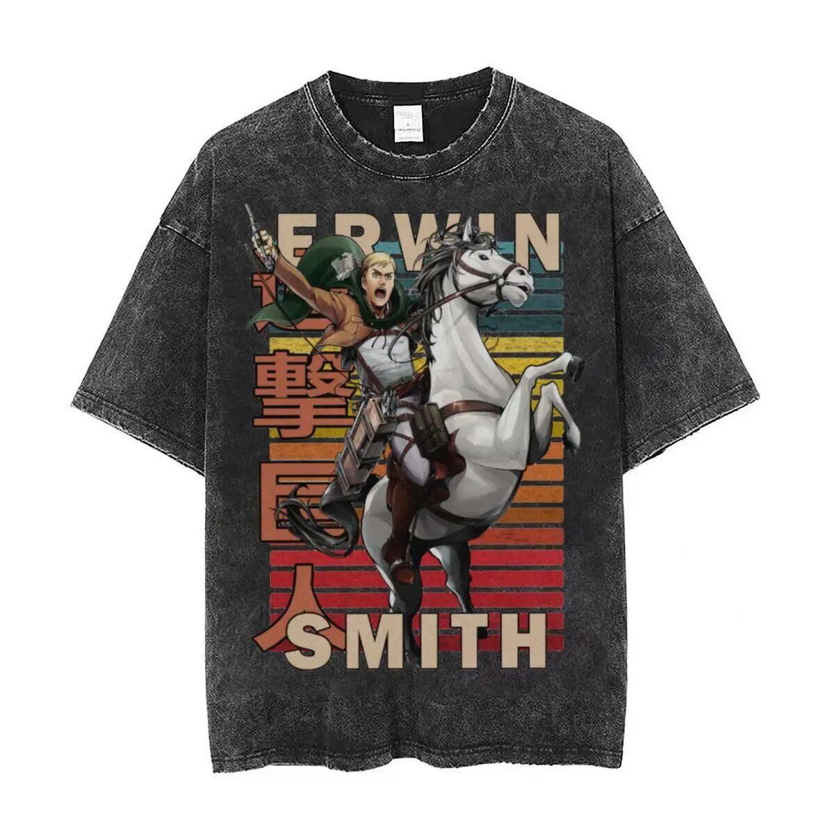 

Футболка Attack on Titan Erwin Smith Charge в стиле ретро с полосками, эффектом кислотной стирки, оверсайз, черная, летняя коллекция 2026, уличная одежда, с аниме-графикой