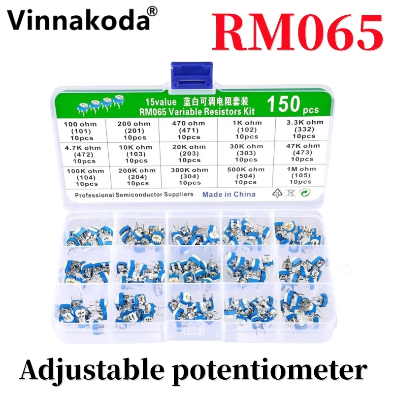 

150PCS RM065 horizontal blue and white adjustable resistor kits with 10 pieces of each of 15 specifications are delivered to box