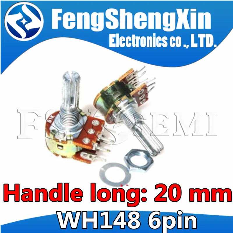 

5pcs/lot Shaft 20mm 6Pin B1K B2K B5K B10K B20K B50K B100K B500K B1M WH148 Potentiometer 1K 2K 5K 10K 20K 50K 100K 500K 1M ohm