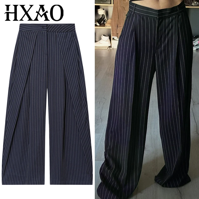 HXAO, pantalones plisados a rayas, pantalones de mujer, otoño 2025, pantalones holgados de pierna ancha para mujer, pantalones de cintura alta, pantalones casuales de gran tamaño, pantalones Harem