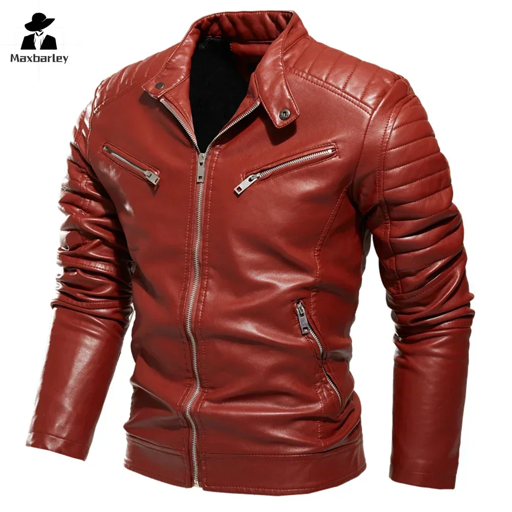 Luxury Leather Jacket Men\'s Winter New Fur Lining Warm Motorcycle Jacket Slim-fit Street Retro Black Leather Coat Slant Zipper