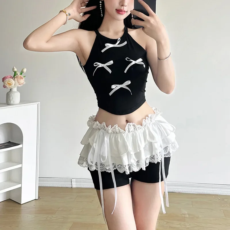 2024 New Harajuku Vintage Bowknot Decoration Black Two Piece Sets Casual Women Sexy Crop Tank Tops Fashion Lace Ruffles Shorts