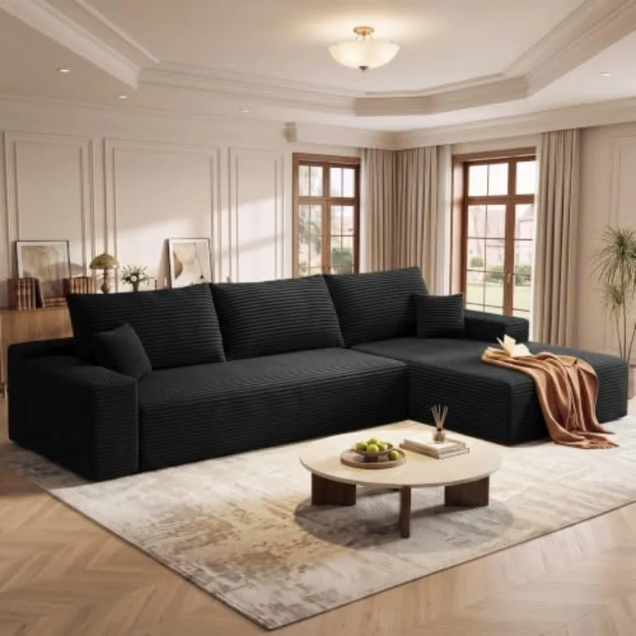 Living room sectional couches: modern modular L-shape sofa in beige fabric, deep seat with chaise, boneless design for comfort