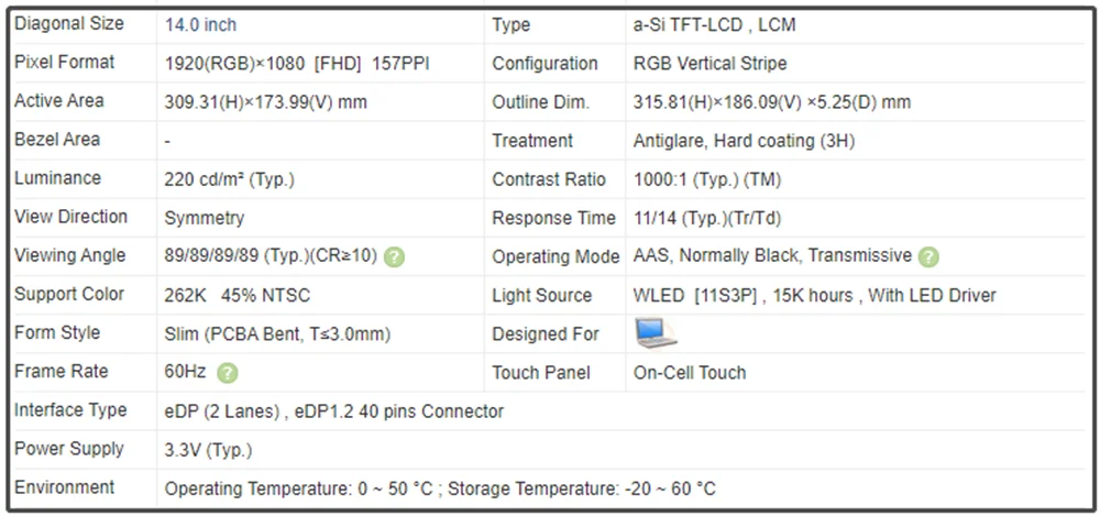 N140HCN-E5C N140HCN E5C 14 inch LCD IPS Panel FHD 1920x1080 EDP 40pins 220 cd/m² 45% NTSC On-Cell Touch Antiglare