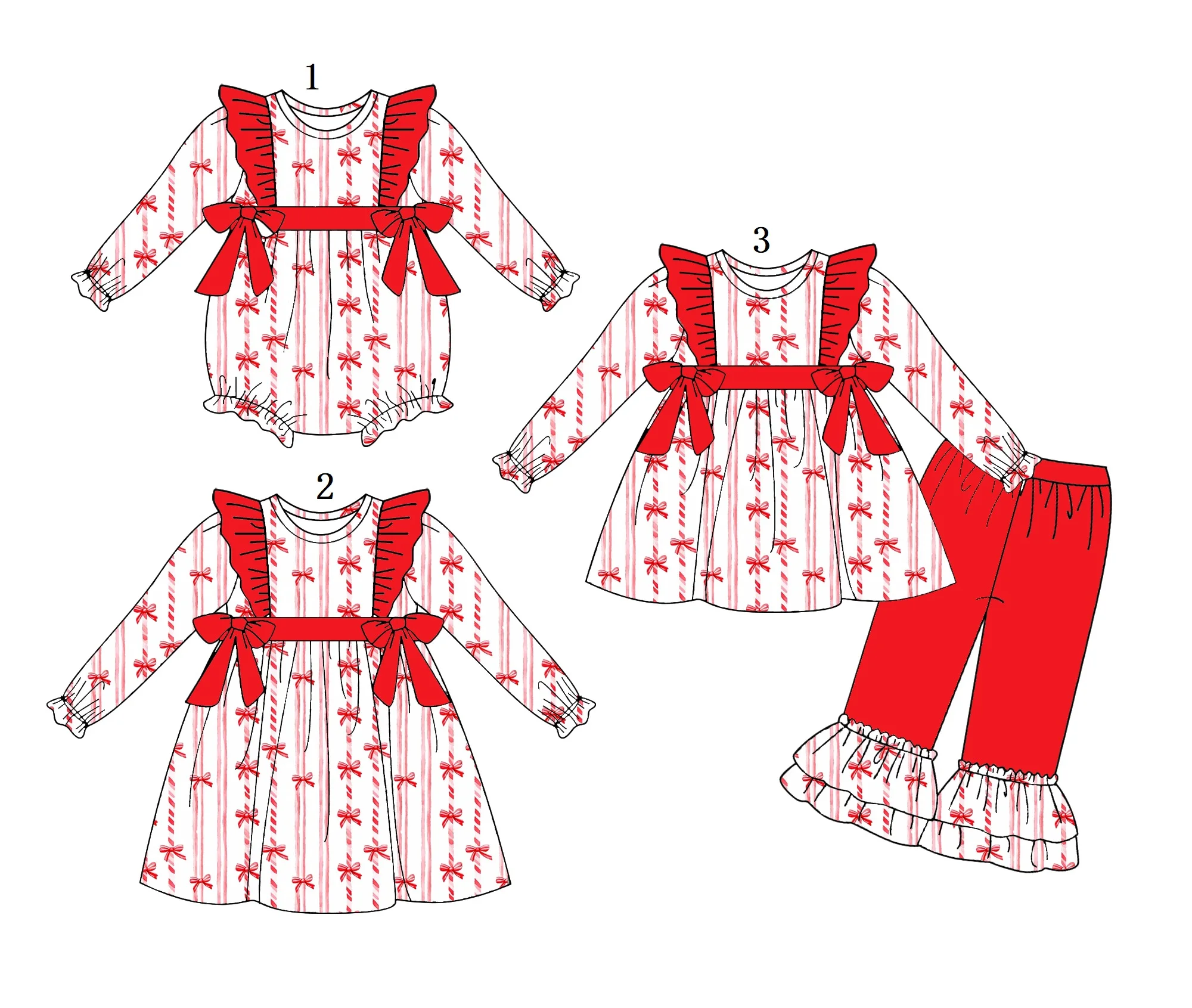 جديد عيد الميلاد الفتيات الخريف طويلة الأكمام السراويل أو القوس طباعة كشكش القوس بوتيك رومبير اللباس ومجموعة السراويل متوهج