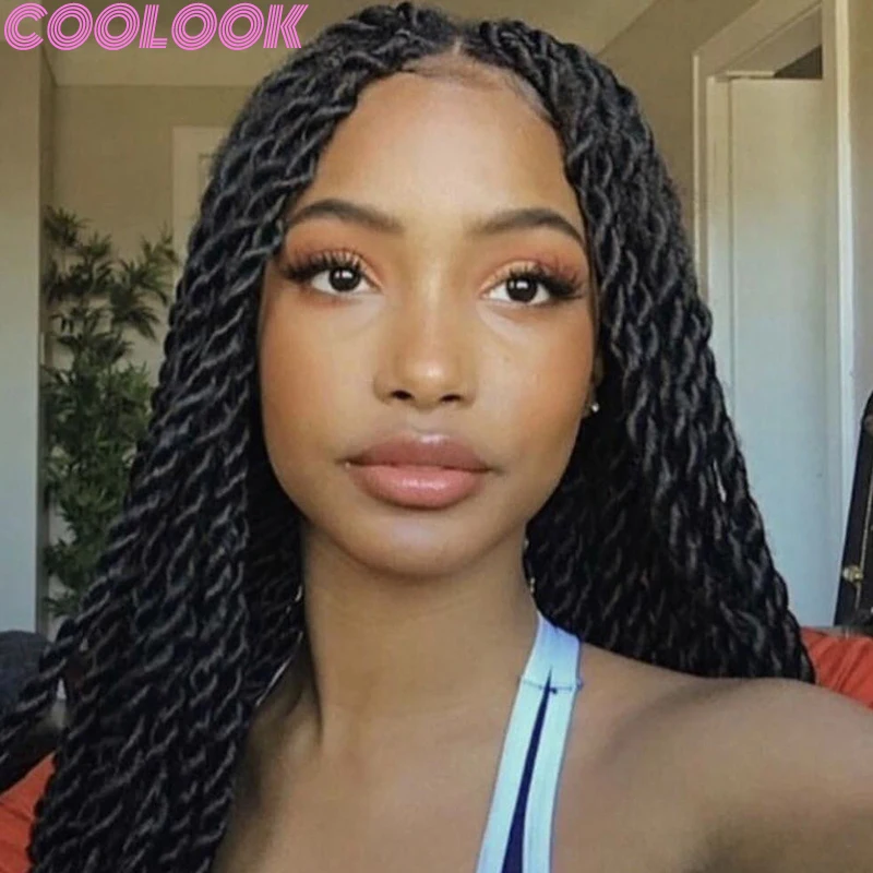 26inch Black Women Synthetic Braided Full Lace Wig Senegalese Twist Knotless Braids Lace Front Wig Twist Braid Lace Frontal Wigs