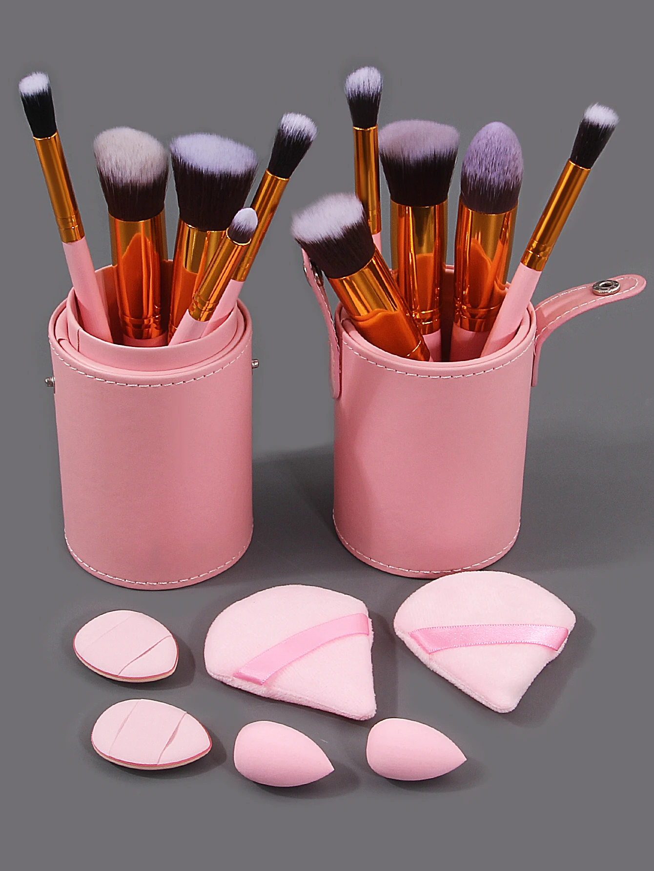 10 Make-up-Pinsel + 2 Mini-Beauty-Eier + 4 dreieckige/Daumen-Puderquasten + Aufbewahrungseimer – ein komplettes Set täglicher Make-up-Werkzeuge