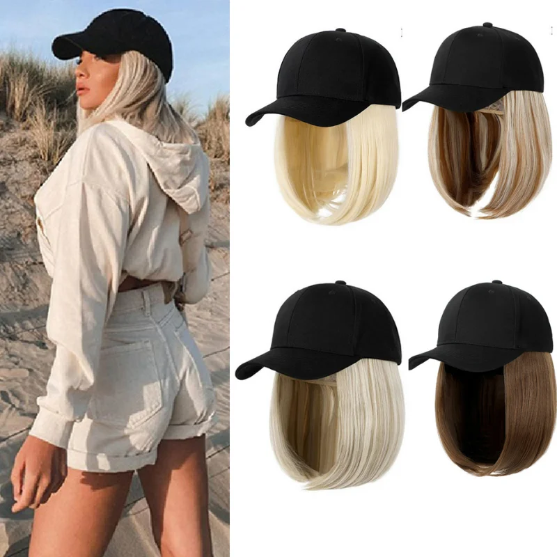 Synthetic Adjustable Black Hat Wigs Short Bob Straight Baseball Cap Wig Seamless Connection Hair Extensions for Women