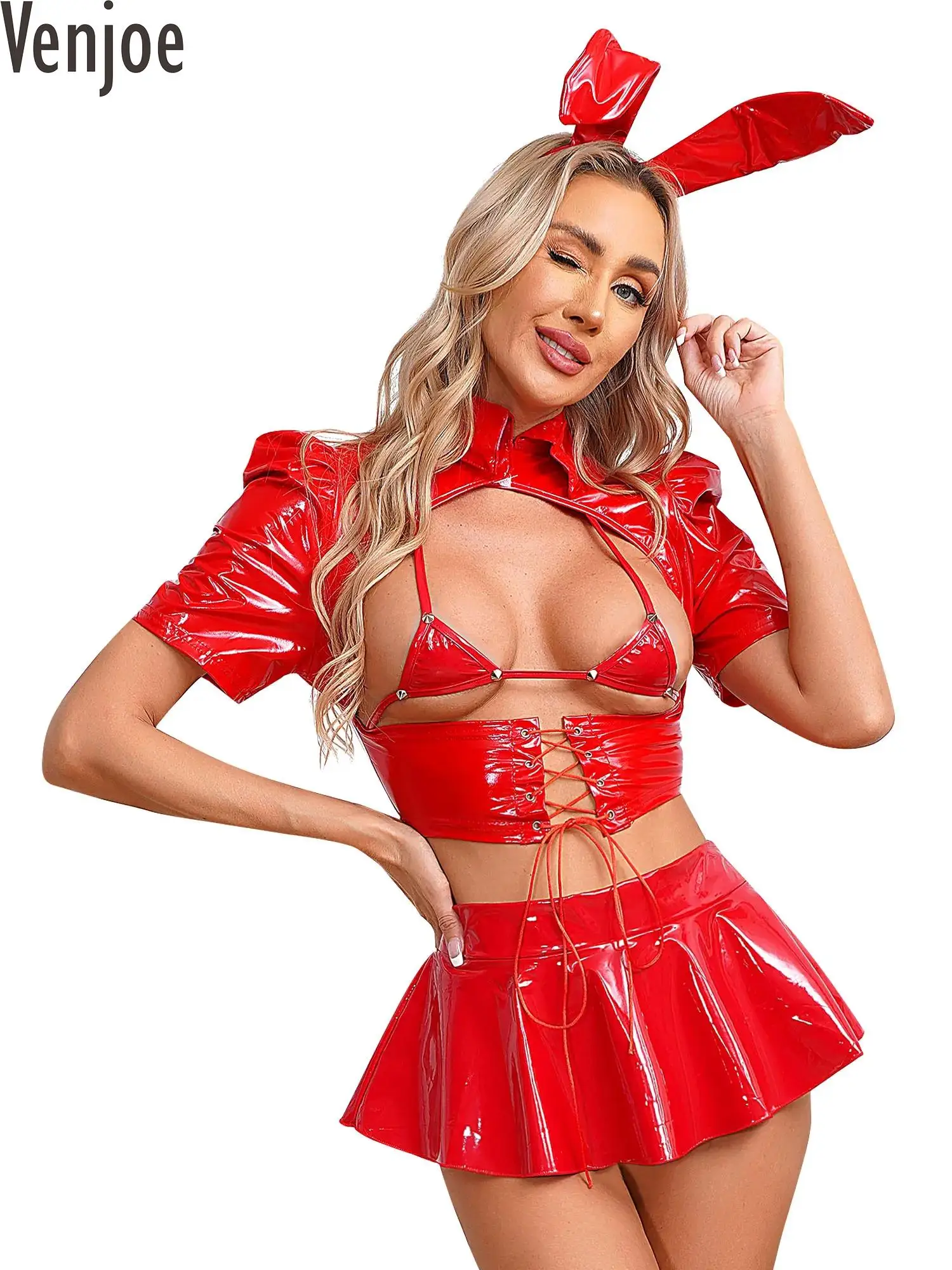 

Women Patent Leather Bunny Girl Cosplay Costume Crop Bra Top Mini Skirt Bunny Ear Animal Role Play Nightclub Rave Party Outfit