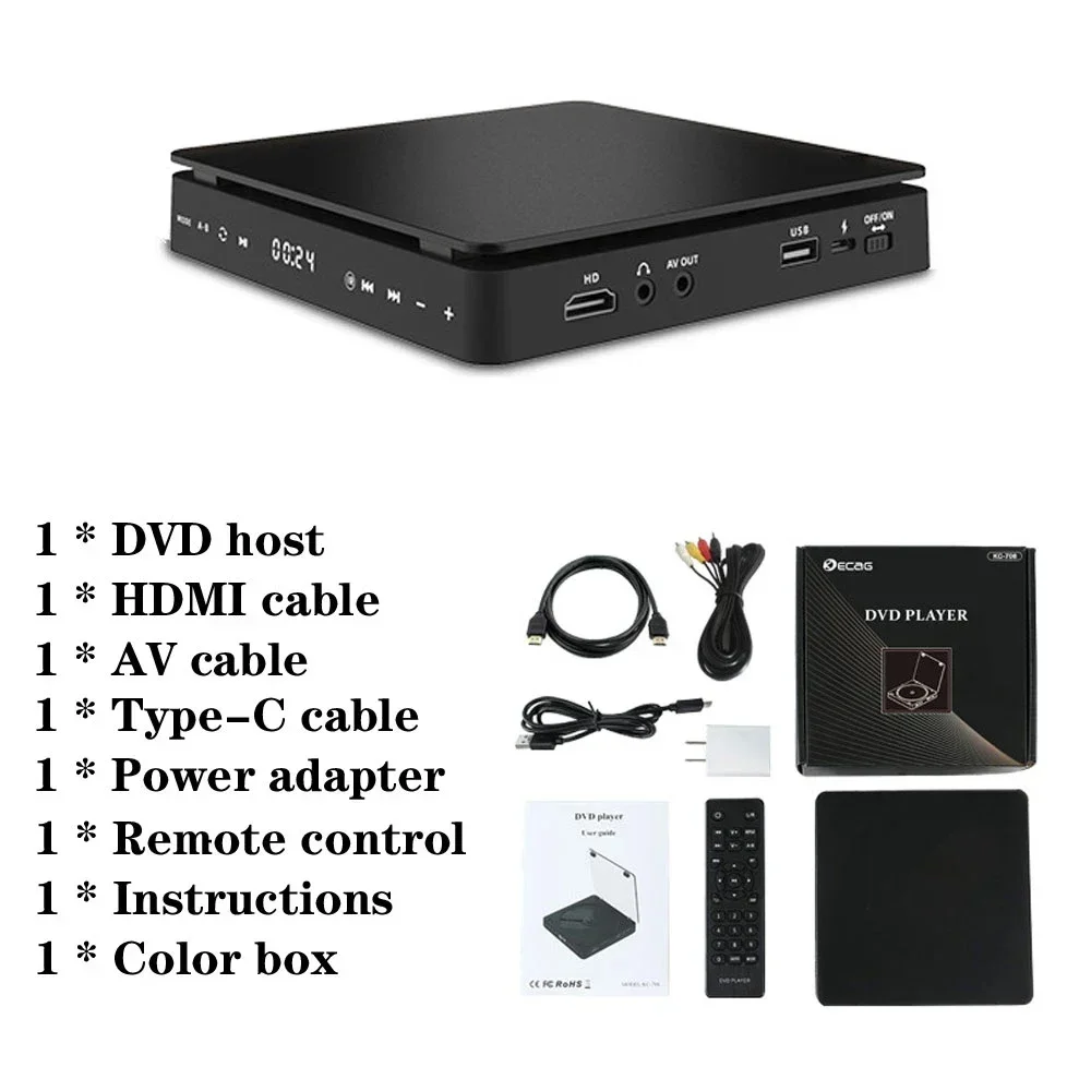 Portable DVD Player for TV CD VCD HD Video Players Support 1080P Full HD With HDMI-compatible Cable USB Input LED Touch Screen