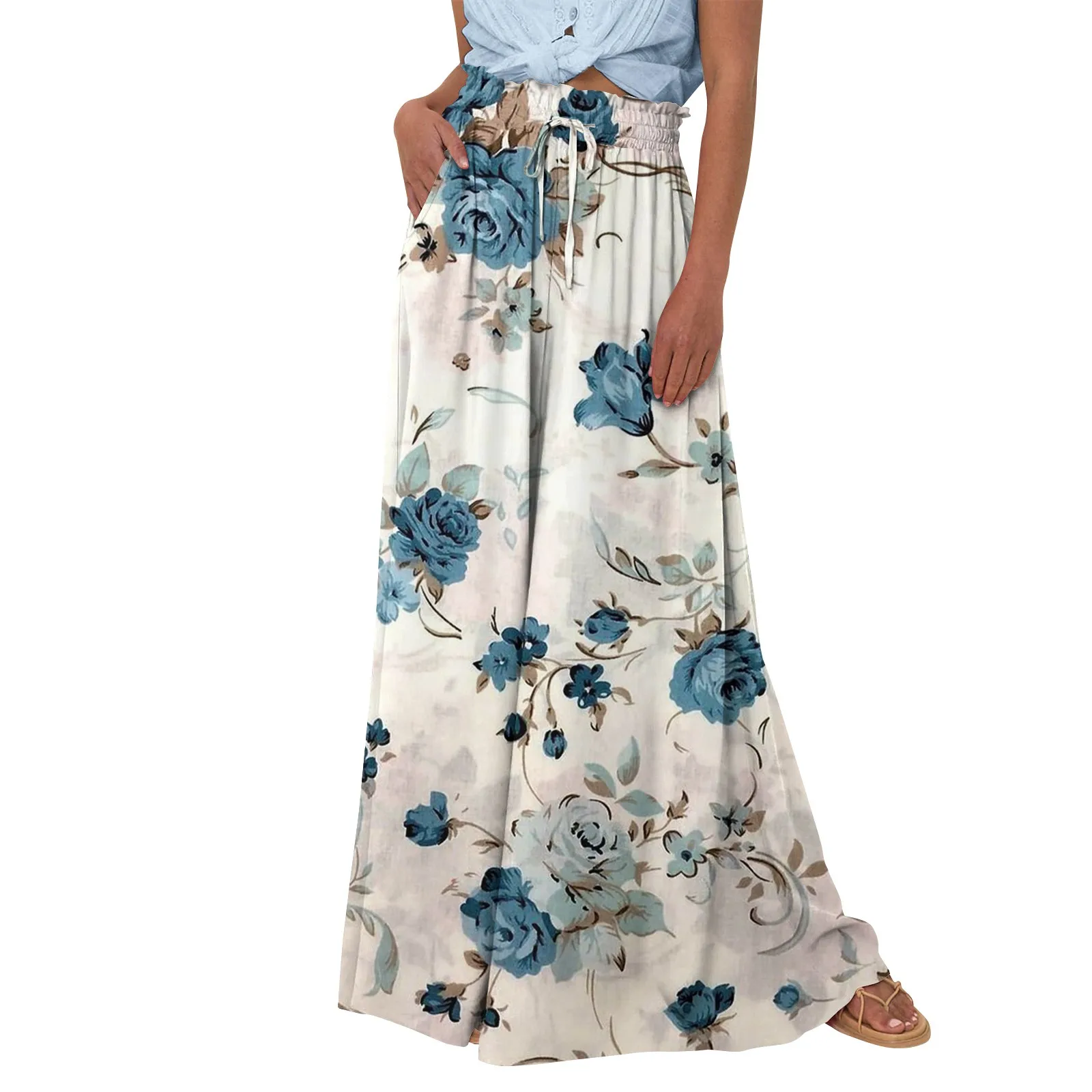 Women Floral Print Pants High Waisted Elastic Waist Wide Leg Pants Summer Daily Fashion Flowy Trousers With Pockets Resort Style