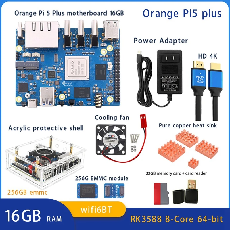 

For Orange Peel 5 Plus 16GB RAM + 256GB Emmc Module RK3588 Octa-Core Support 8K Video 2.5G Wifi6 BT Module Kit Durable US Plug