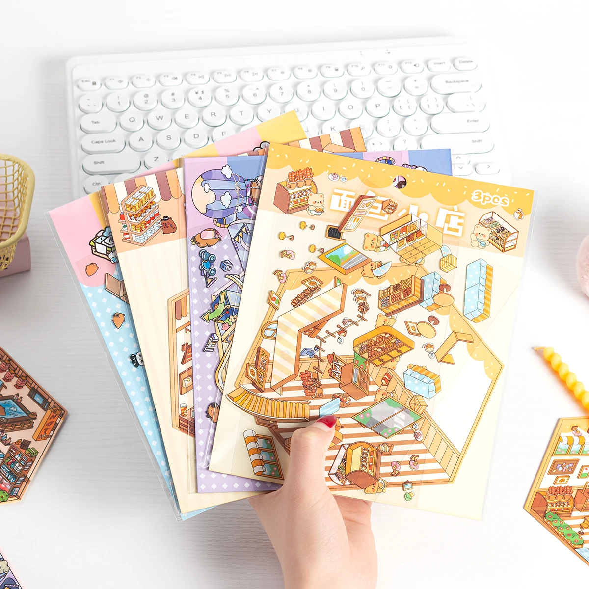 3 pcs/bag creative 3D scene sticker set, animal combination life scene pattern DIY design hexagonal scene sticker