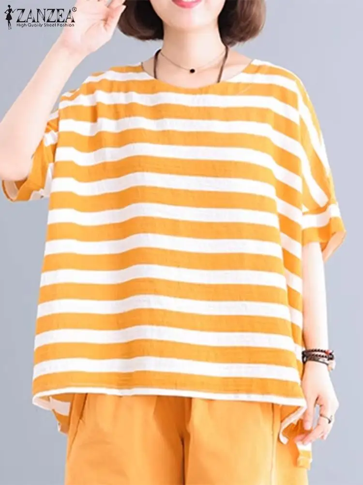 

ZANZEA 2024 Summer Oversize Holiday Irregular Tops Korean Long Blouse Women Casual Stripes Patchwork Shirt Fashion O-Neck Blusas