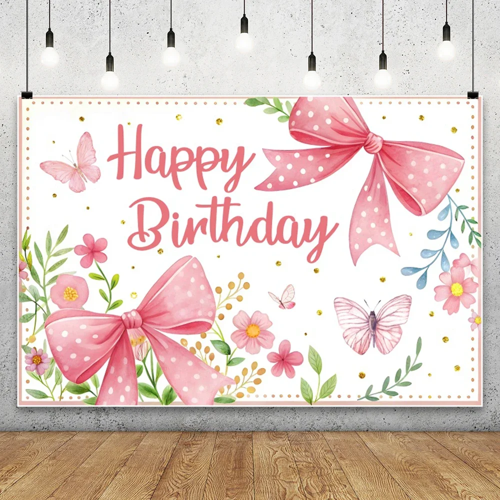

Happy Birthday Photography Backdrop Pink Bow Wine Glass Flowers Newborn Baby Shower Gifts Summer Party Decor Photo Background