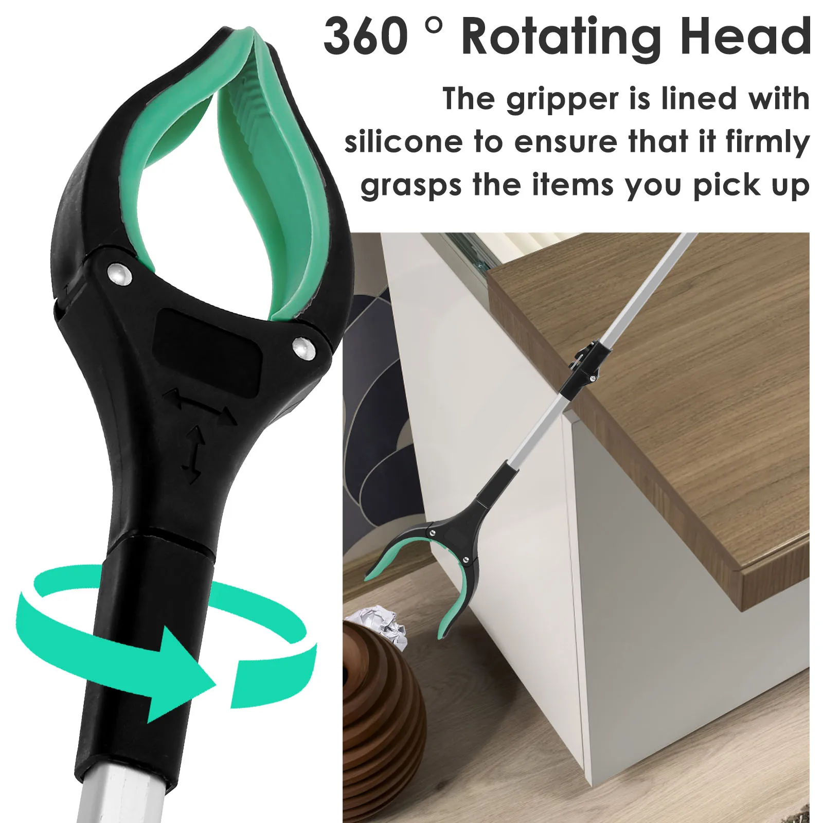 Foldable Grabber Reacher Tool 360°Rotating Non-slip Jaw Garbage Picker Litter Picker Hand Cleaning Extender Grabber