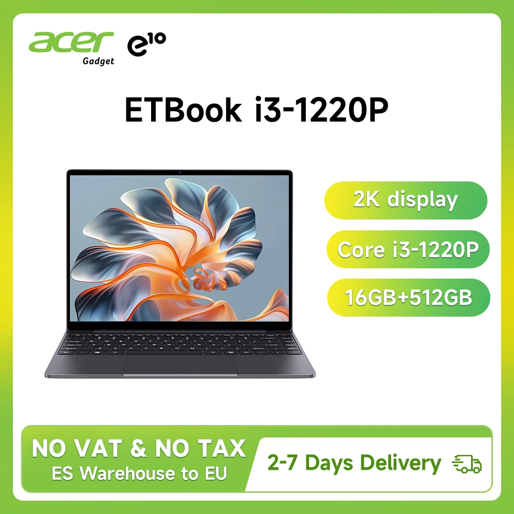 Ordinateur portable Acer Gadget e10 ETBook, Intel Core i3-1220P, 16 Go DDR4, 512 Go SSD, 8 cœurs, 12 threads, écran 14 pouces 2K, ordinateur portable pratique pour le bureau/les études