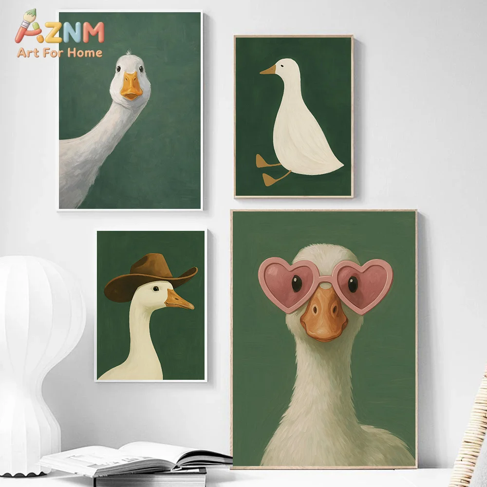 AZNM Cute White Goose Canvas Wall Art Green Background Funny Duck Vintage Painting Farm Animal Aesthetic Room Decor Unframed