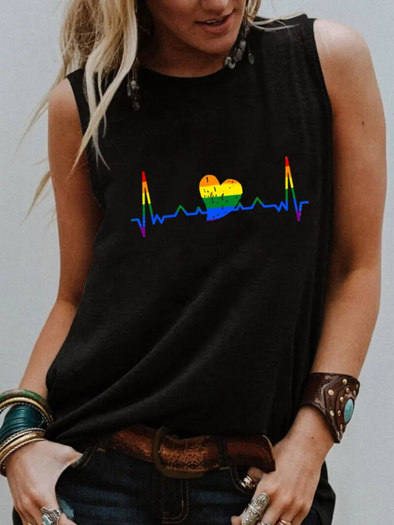 

LGBT Sleeveless T Shirt Rainbow Heartbeat Graphic Print Women Funny Summer Casual Sleeveless Top Gift for Her