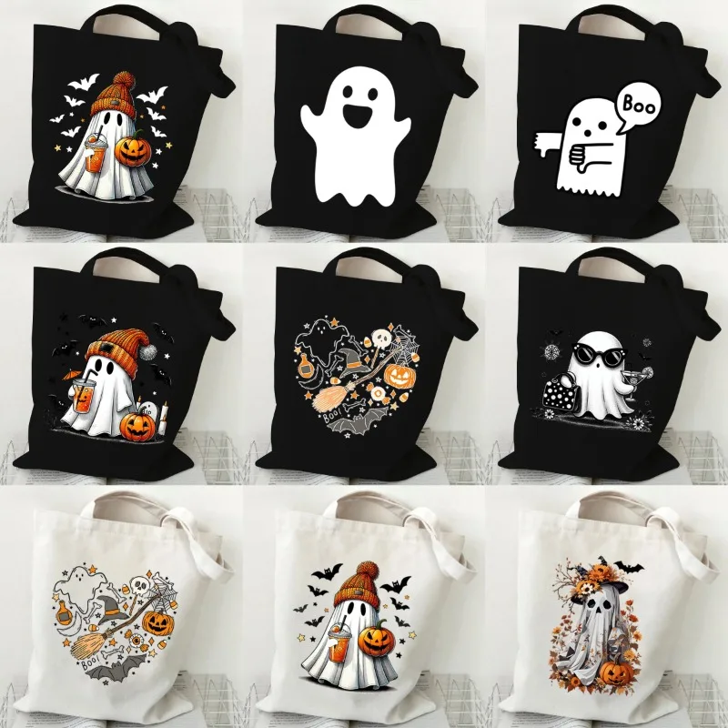 Halloween Grab A Ghost Canvas Tote Crossbody Bag Skeleton Bat Gift Bag Cute Eco-Friendly Washable Durable Holiday Gift Tote Bags