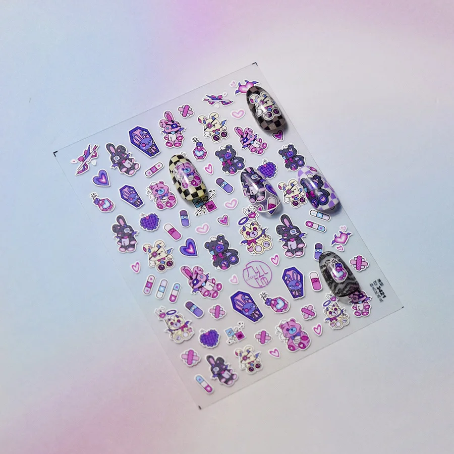 1 Blatt dunkle Kaninchen-Nagelaufkleber zum Aufdrücken der Nägel, ultradünn und flexibel, selbstklebend, niedliche Kawaii-Nagelkunst-Abziehbilder für Maniküre, Heimwerker