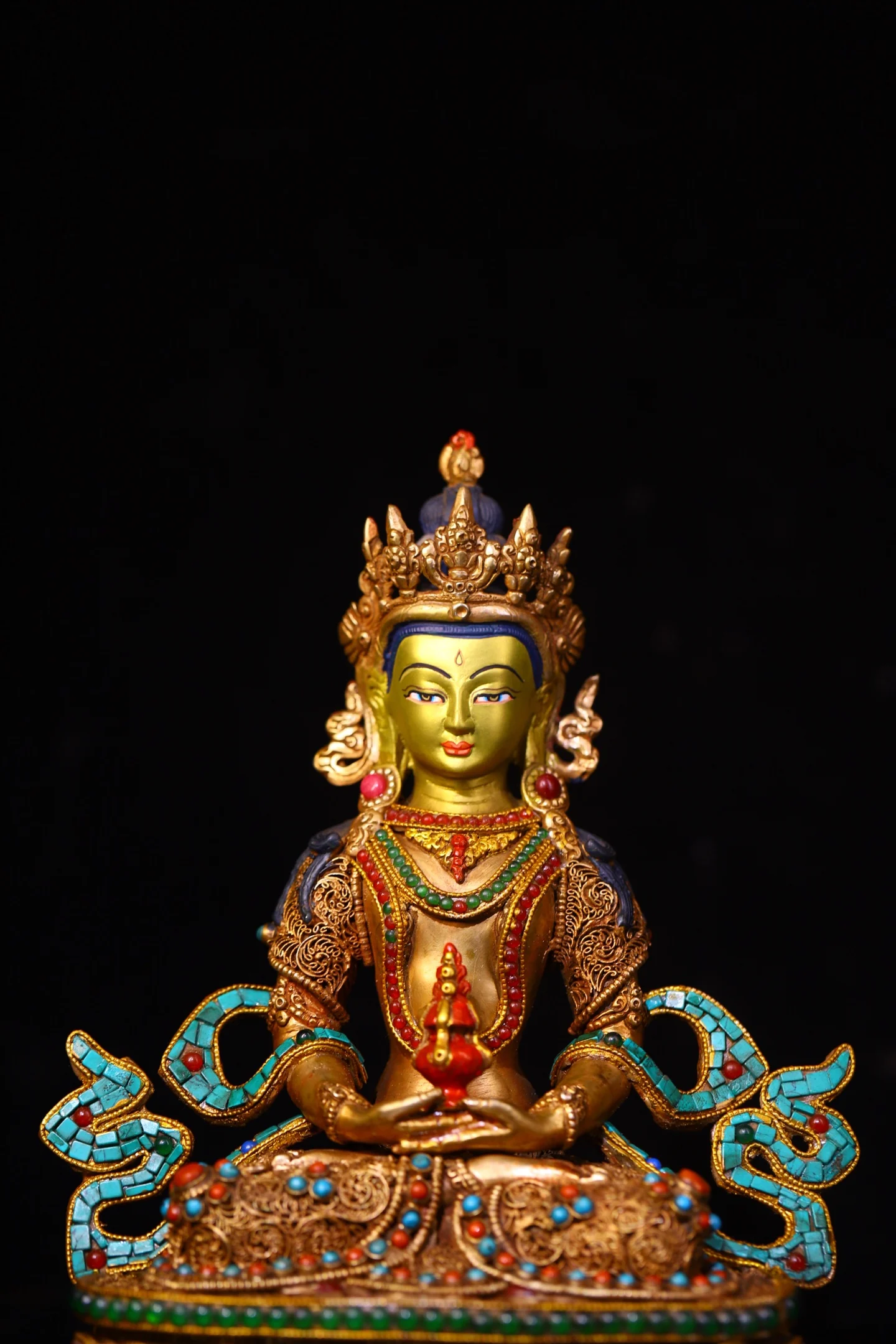 

9"Old Nepalese temples Old Tibetan Silver Gilded Painted Face Mosaic Gem gZi Beads Turquoise Amitayus Longevity Buddha