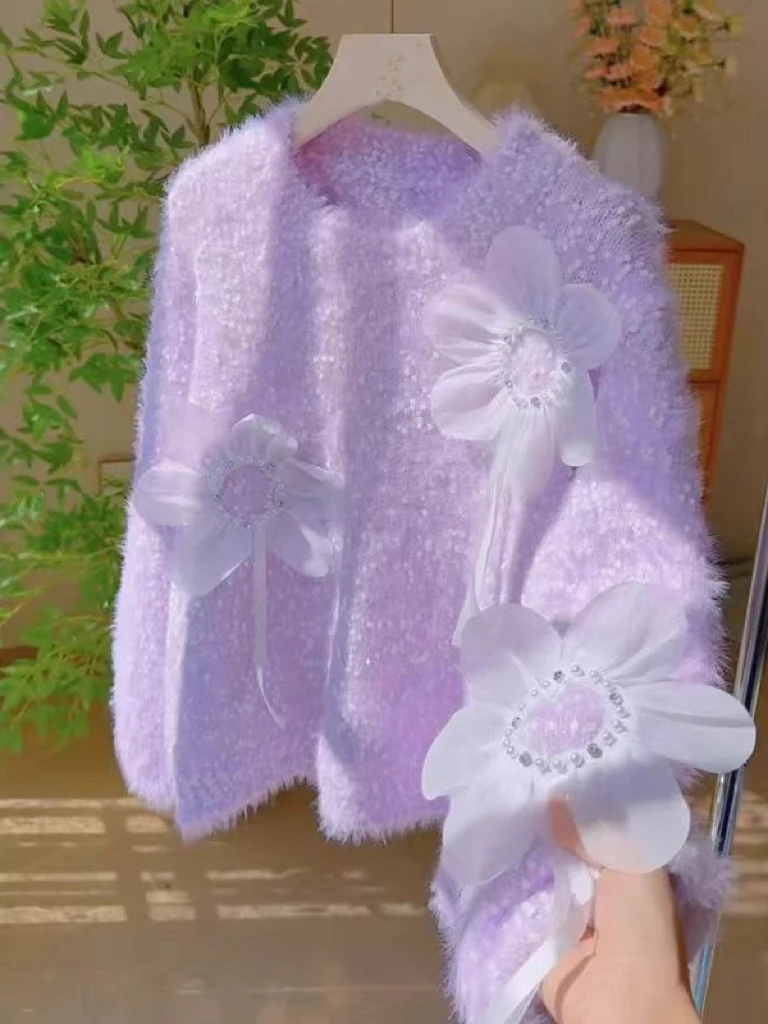 Suéter de Punto ueso para Mujer, Diseño de Flores 3D Dulce, Color Rosa, Estilo Coreano Nuevo de Otoño Invierno, Suéter Vers...