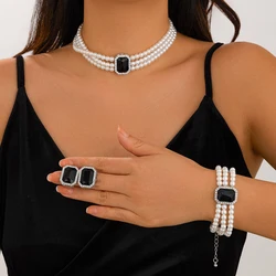 KunJoe 3Pcs/Set Luxury Multilayer Imitation Pearl Women Jewelry Set Bridal Crystal Necklace Bracelet Earrings Wedding Jewelry