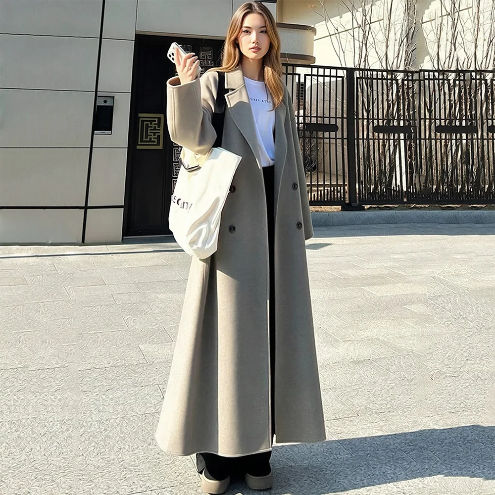 New Women Simplicity Mocha gray Wool Blends Coat Autumn Winter Fashion Turn-down Collar Double Breasted Loose Casual Woolen Coat