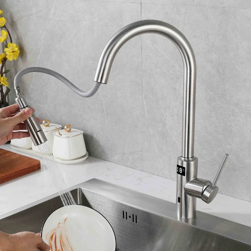 

Kitchen Infrared Motion Sensor Faucet Sink Pull Out Down Hot Cold Stainless Crane Tap Steel Touch 304 Swivel Sense Mixer Luxury