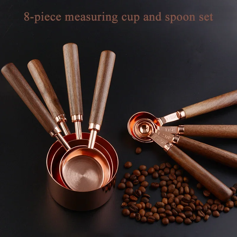 

Household Multifunctional measuring spoon 304 stainless steel retro walnut handle measuring spoon coffee bean spoon baking tool