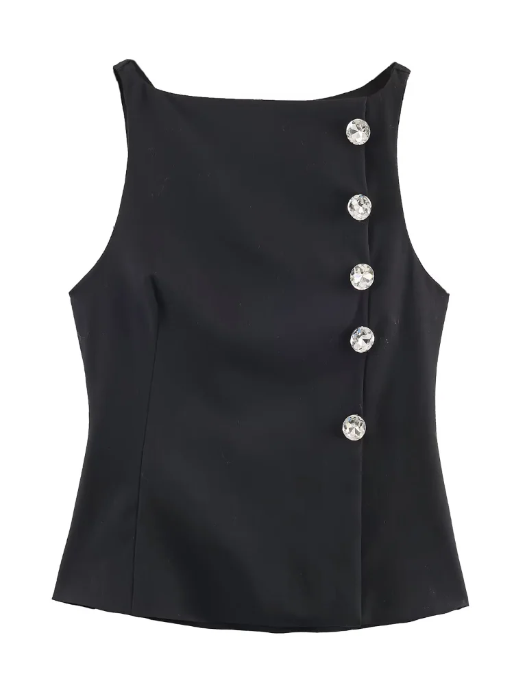

Solid Women Black Diamond Button Vests Elegant Sleeveless Waist Cinching Slim Short Vest 2026 Lady High Street Fashion Wear New