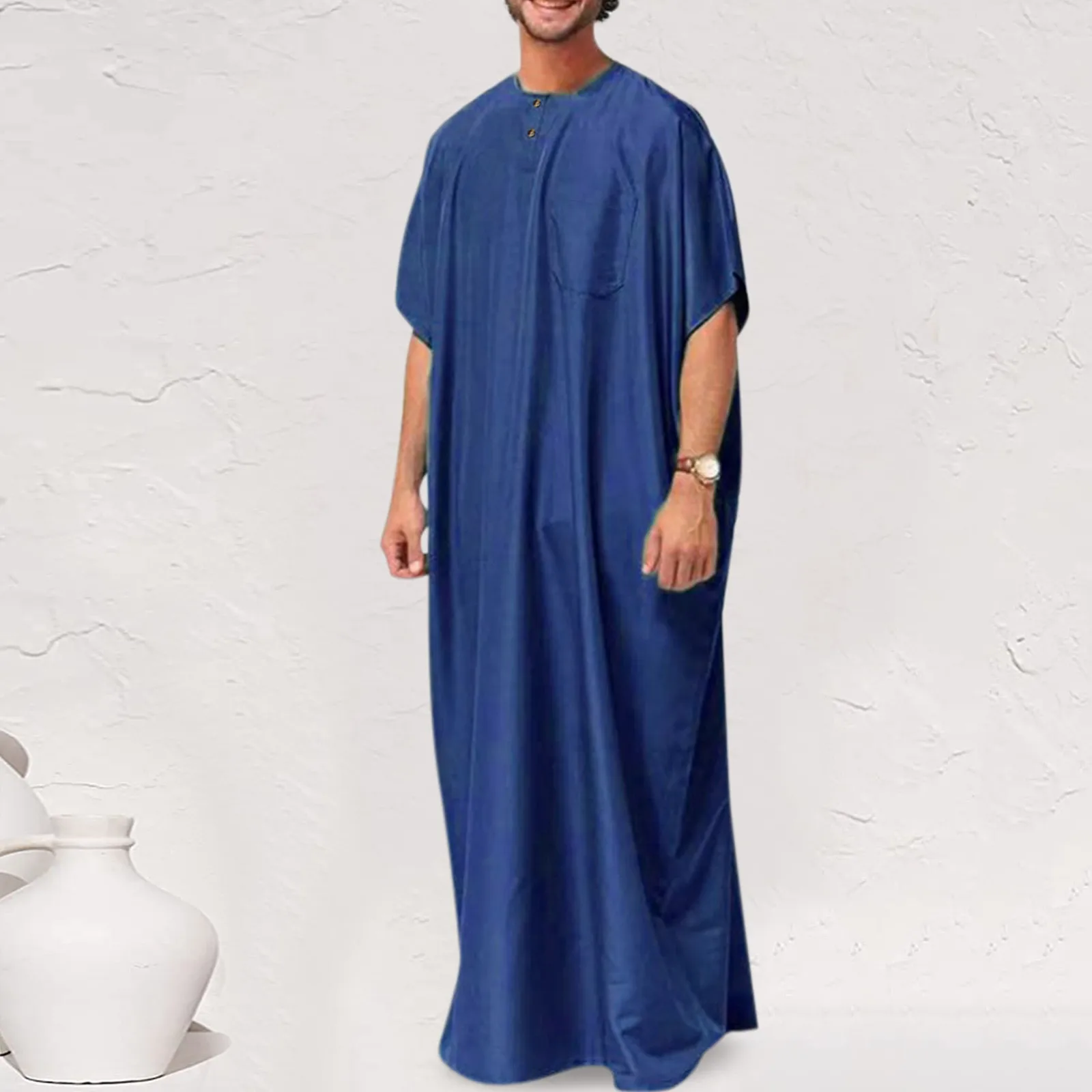 Mannen Mode Lange Gewaden Korte Mouw Ronde Hals Gewaad Man Vintage Effen Kleur Moslim Kaftan Lange Shirts Casual Jubba Thobe