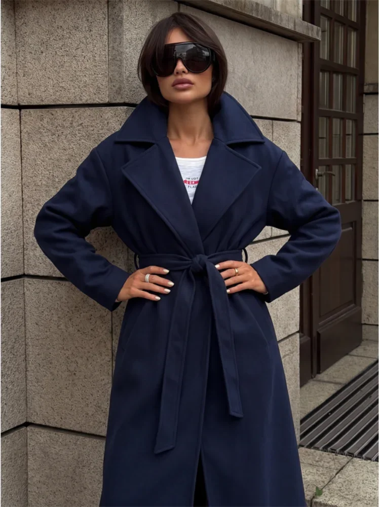 Womens Elegant Navy Belted Trench Jacket Notched Lapel Tie Front Long Sleeve Loose Fit Coat Autumn Winter Daily Casual Chic Wear
