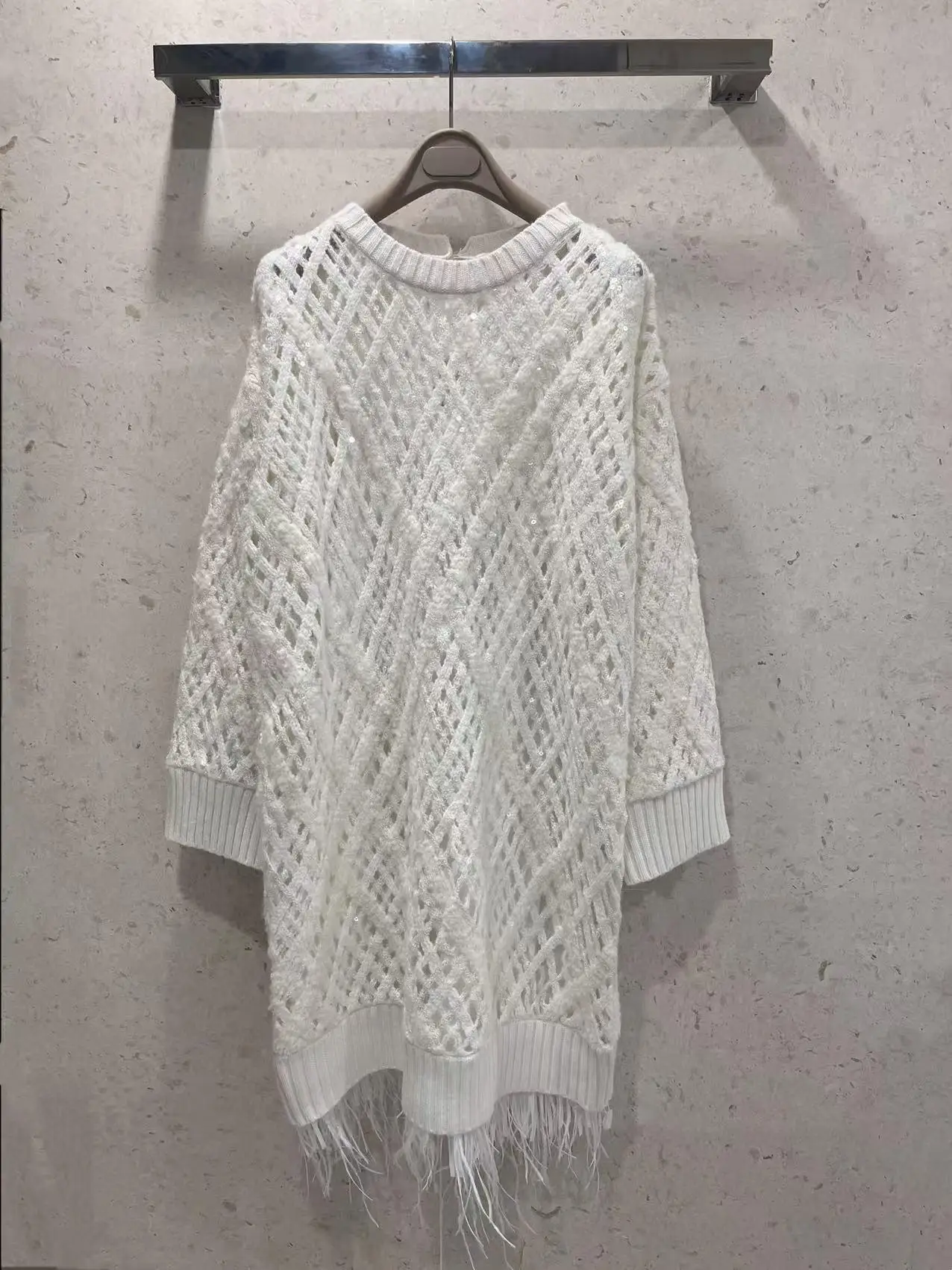 

Women's luxurious sequins and feather trimmed cashmere knitted dress