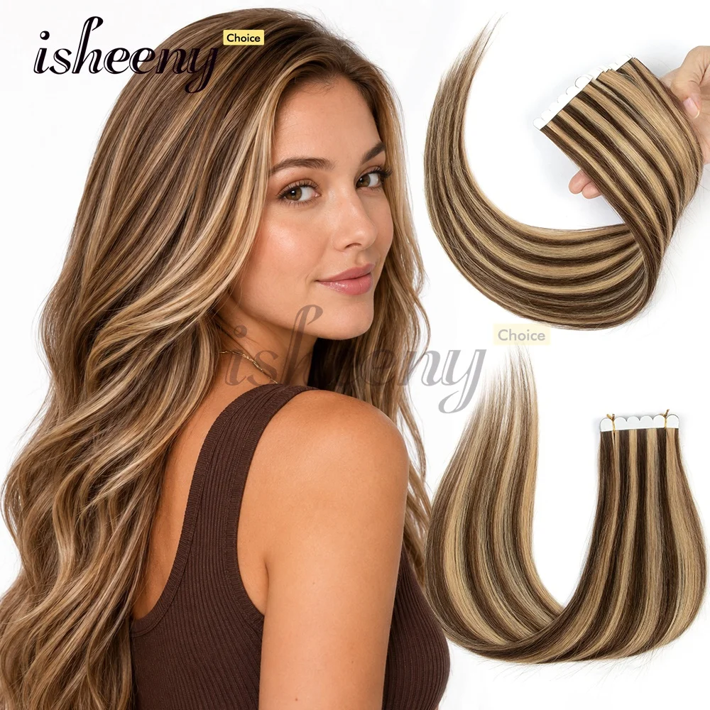 ISHEENY 40g/pack Invisible Tape In Human Hair 10pcs 18 Inches 6 Tabs Machine Remy Hair Suitable for Women Add Volume and Length