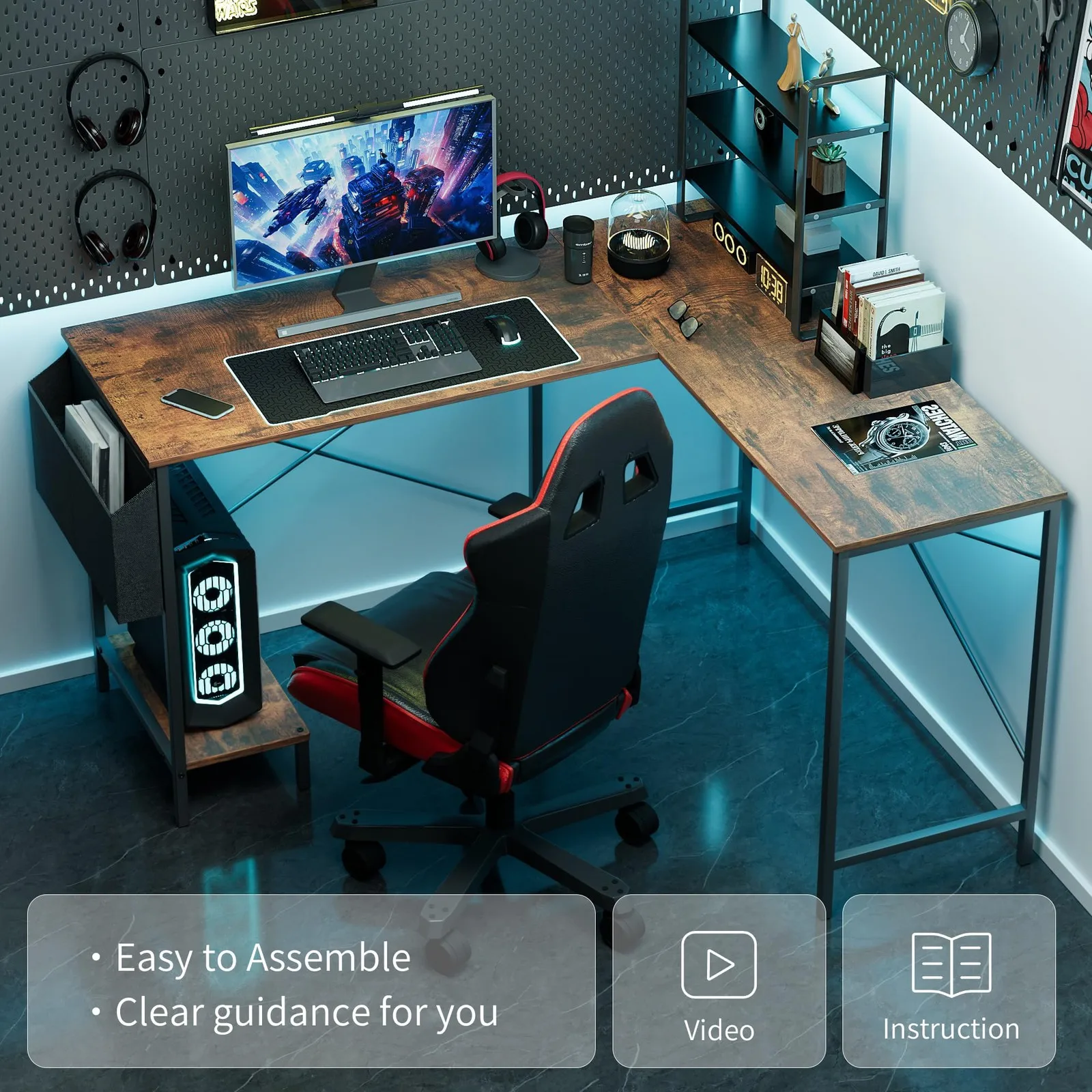 Mesa de jogos rústica em forma de L de 50 polegadas com design de canto lateral duplo para escritório e jogos